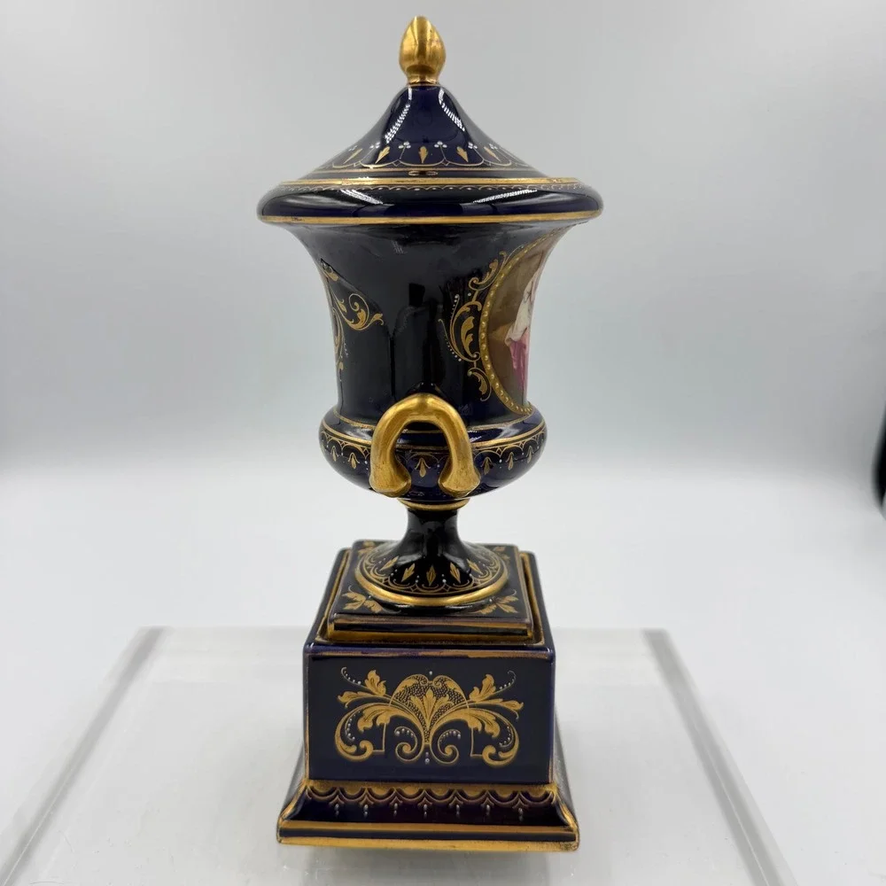 Antique Royal Vienna Cobalt Covered Urn Signed C Heer Austria Hand Painted Amor